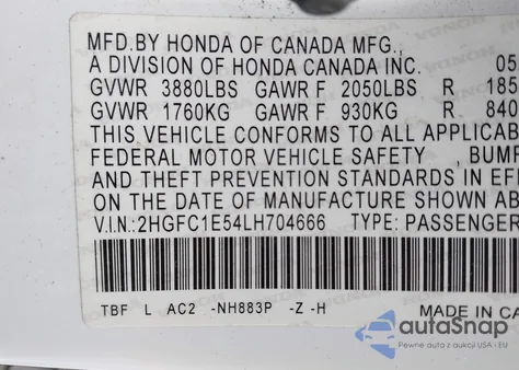 2020 Honda Civic Si Sedan z USA, uszkodzony, nr VIN 2HGFC1E54LH704666